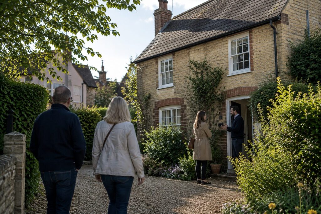 Couple arriving for a house viewing while another viewing is underway at a Cambridgeshire village cottage